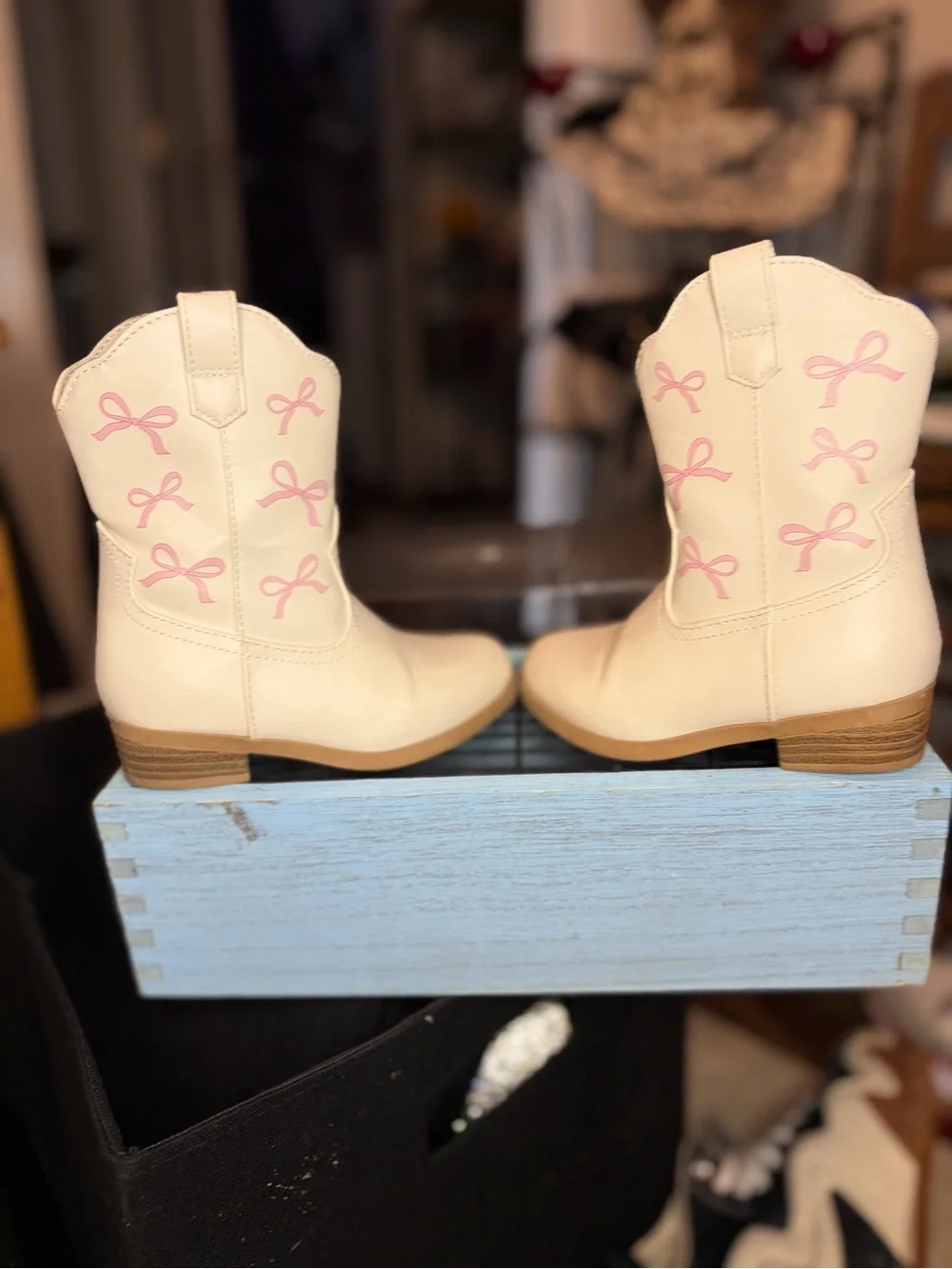 Wonder Nation Girls' White Pink Western Boots Bow Accents Block Heel Size 8